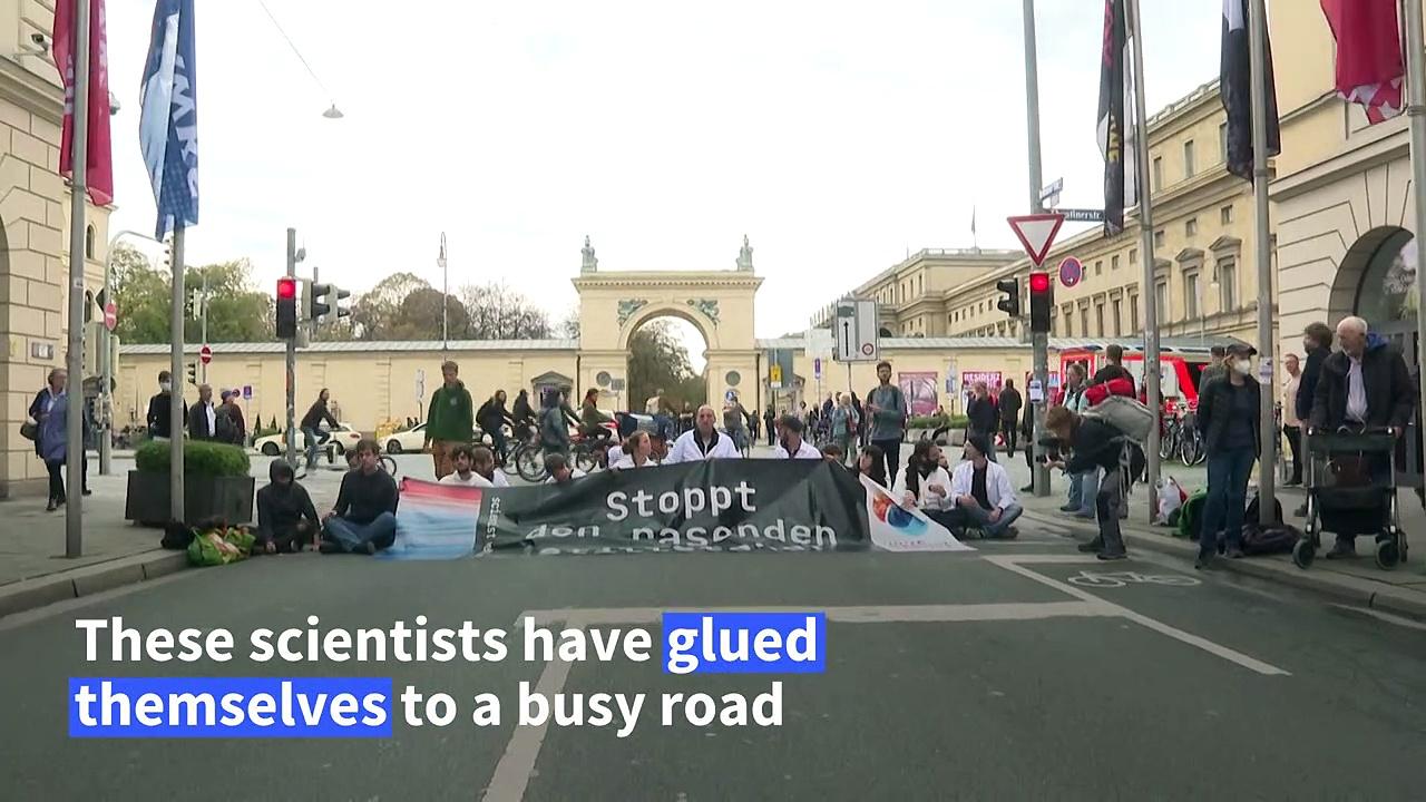 German scientists glue themselves to the street in call for climate action