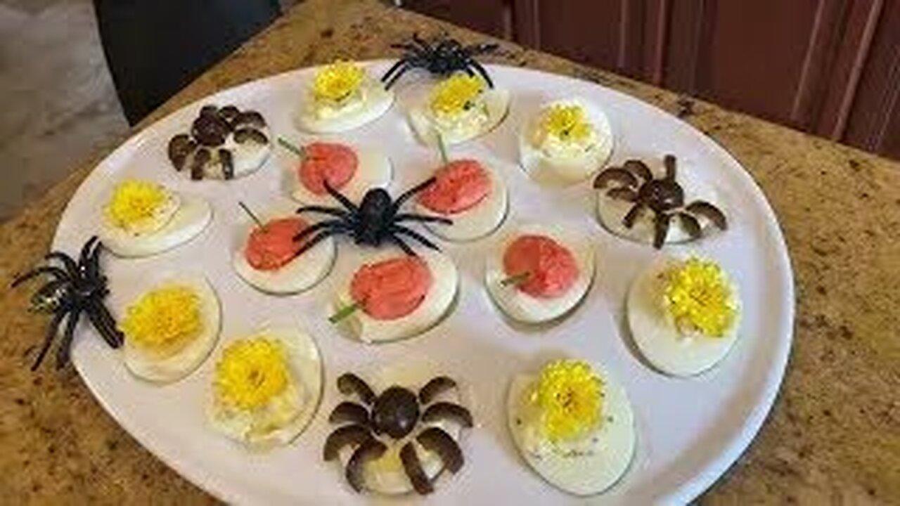 Chef Great Dane Checks Out Spooky Spider Halloween Deviled Eggs