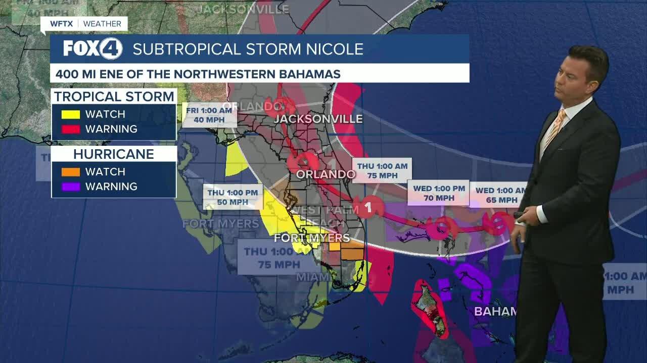 (11/8 AM) Nicole shifts northward; tropical storm watches issued