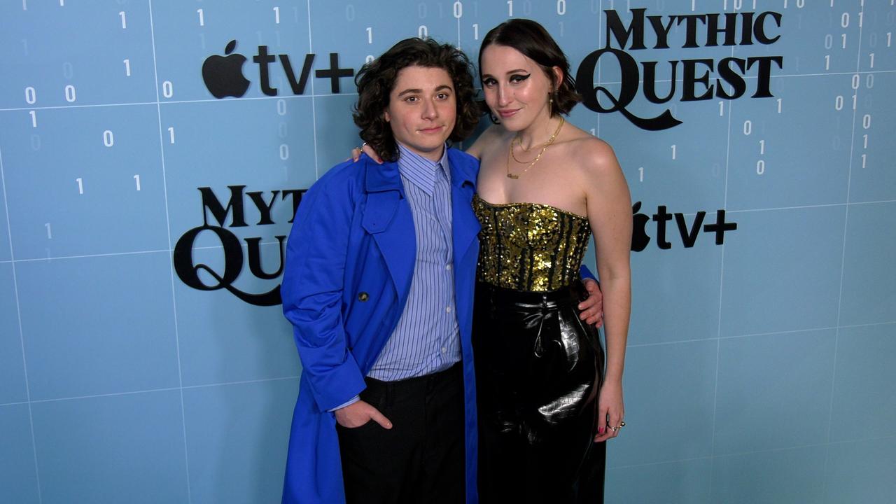 Austin Zajur and Harley Quinn Smith attend Apple TV+'s 'Mythic Quest' season 3 premiere in Los Angeles
