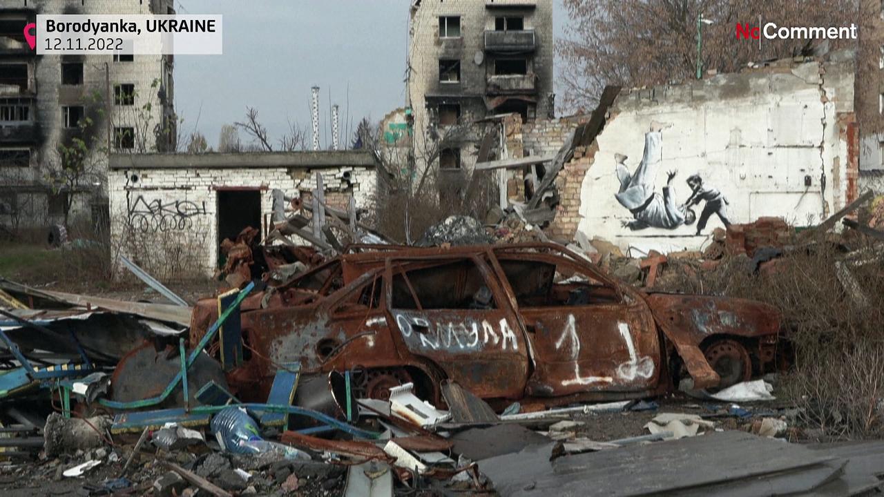 Banksy unveils his latest work on a bombed-out building in Ukraine