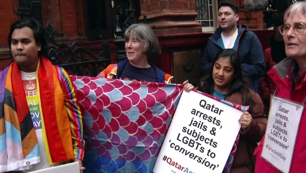 LGBT protest outside the Qatar embassy in London