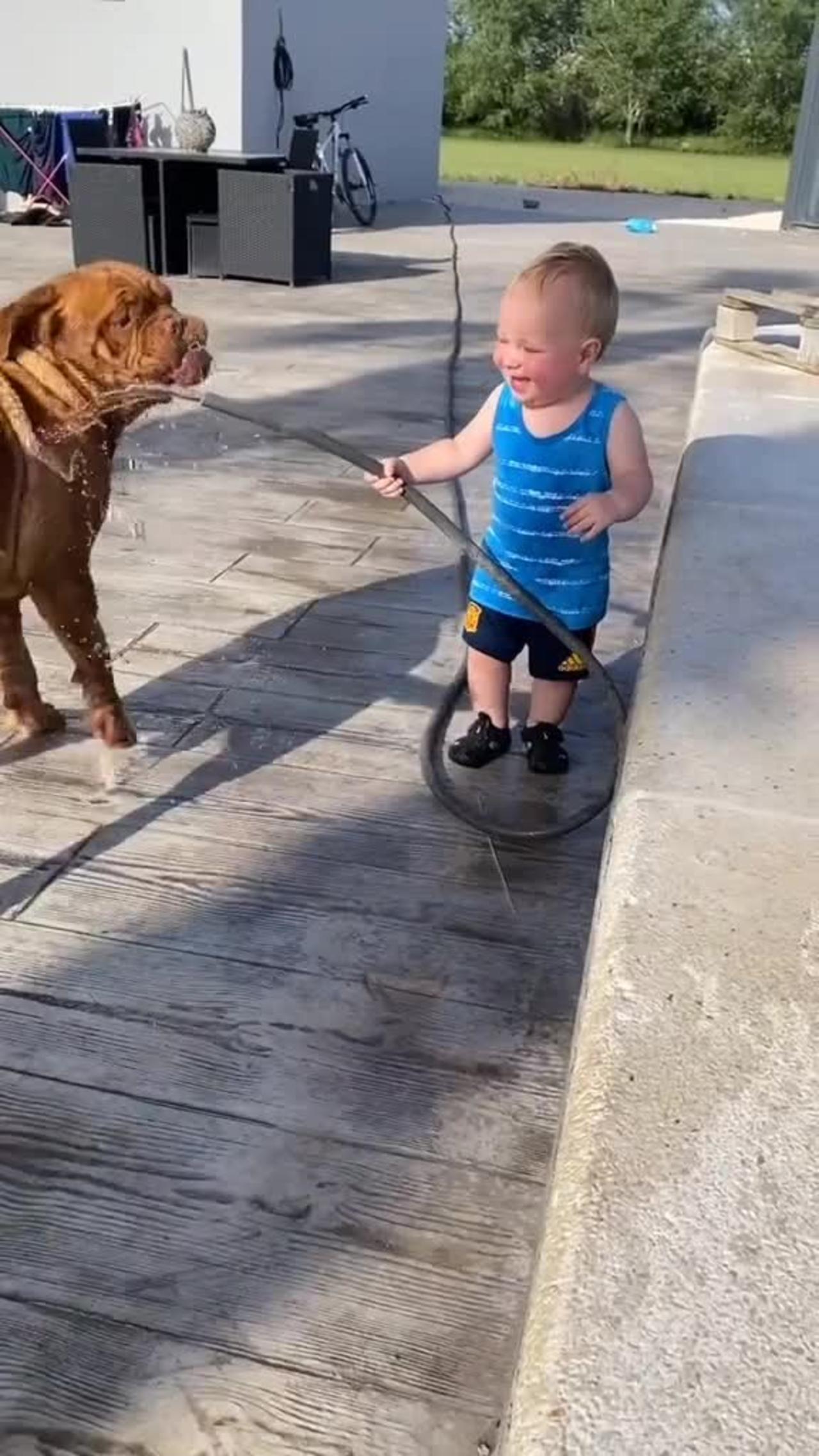 Baby laughing happily while watering his Dog