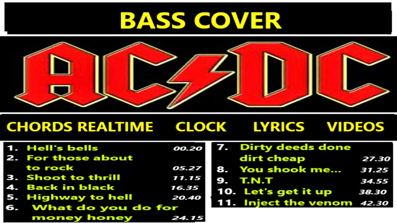 Bass cover AC/DC 11 songs PLUS: Chords realtime, Lyrics, Clock, Videos