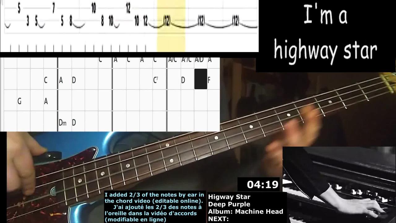 Bass cover: Deep Purple "HIGHWAY STAR" Plus: Chords real-time, Lyrics, more