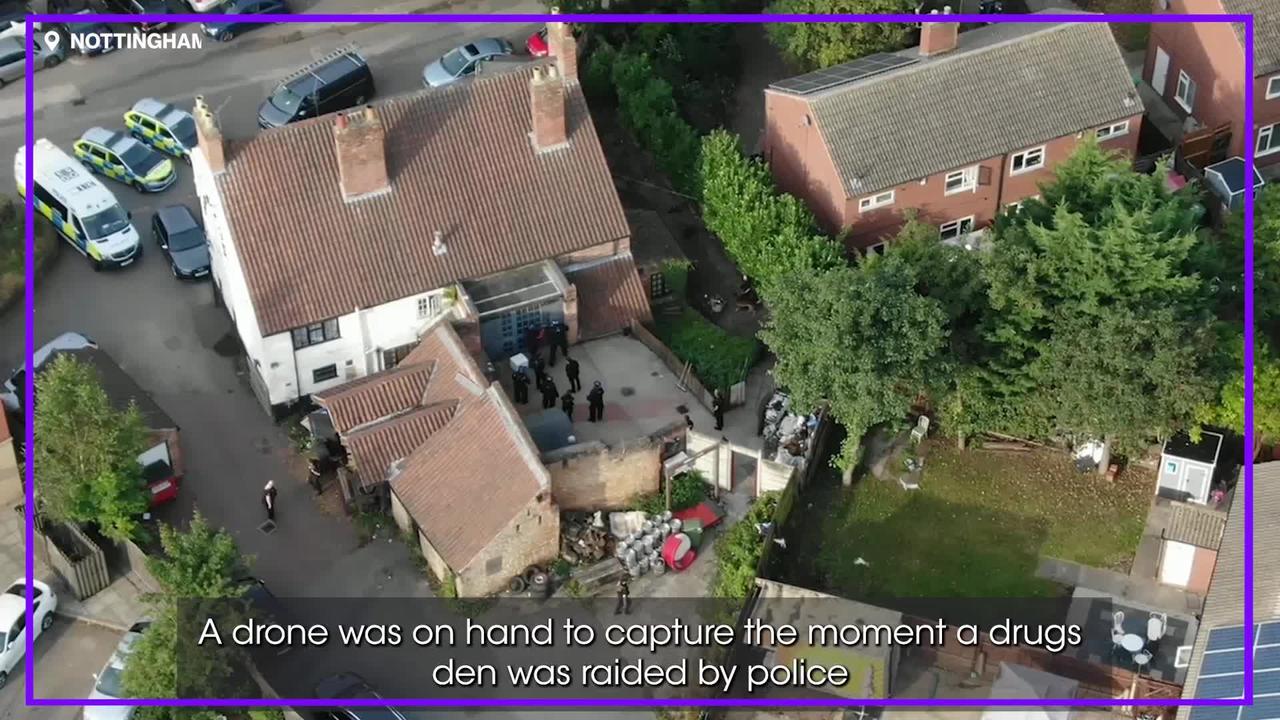 Drone footage shows a drug dealer flee cops during a house raid