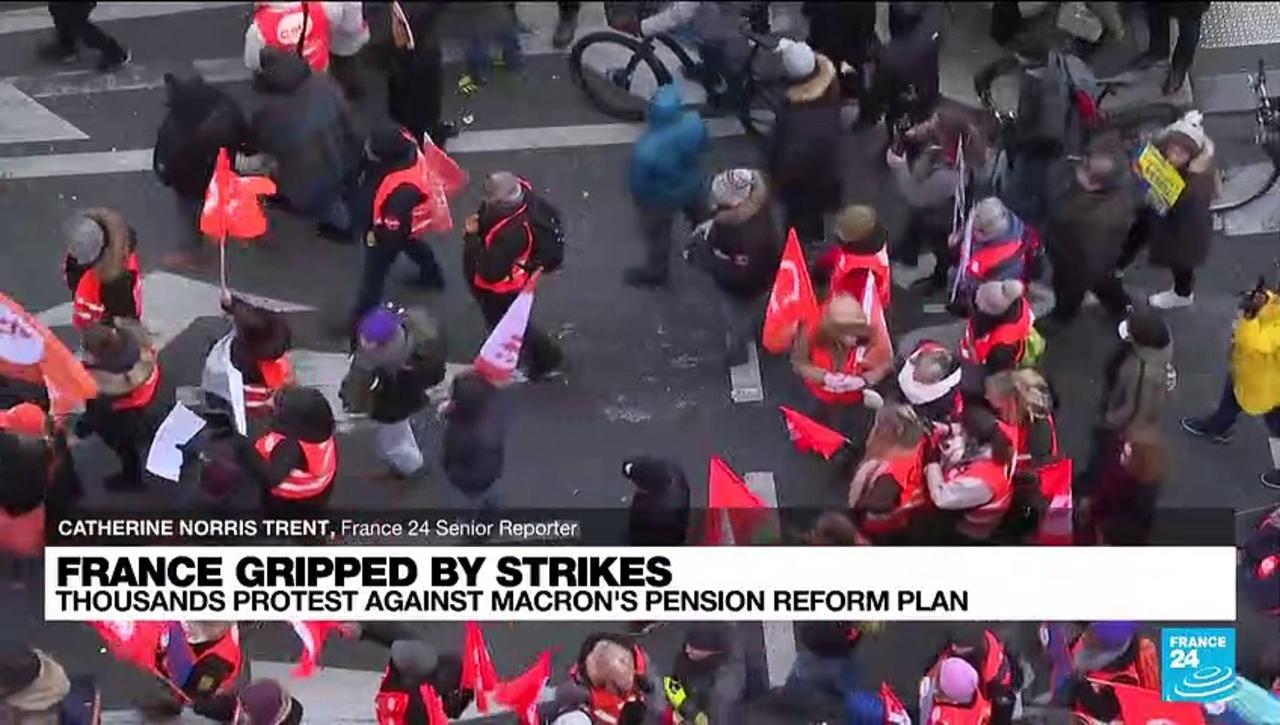 Unions fight Macron’s pension overhaul with a day of strikes