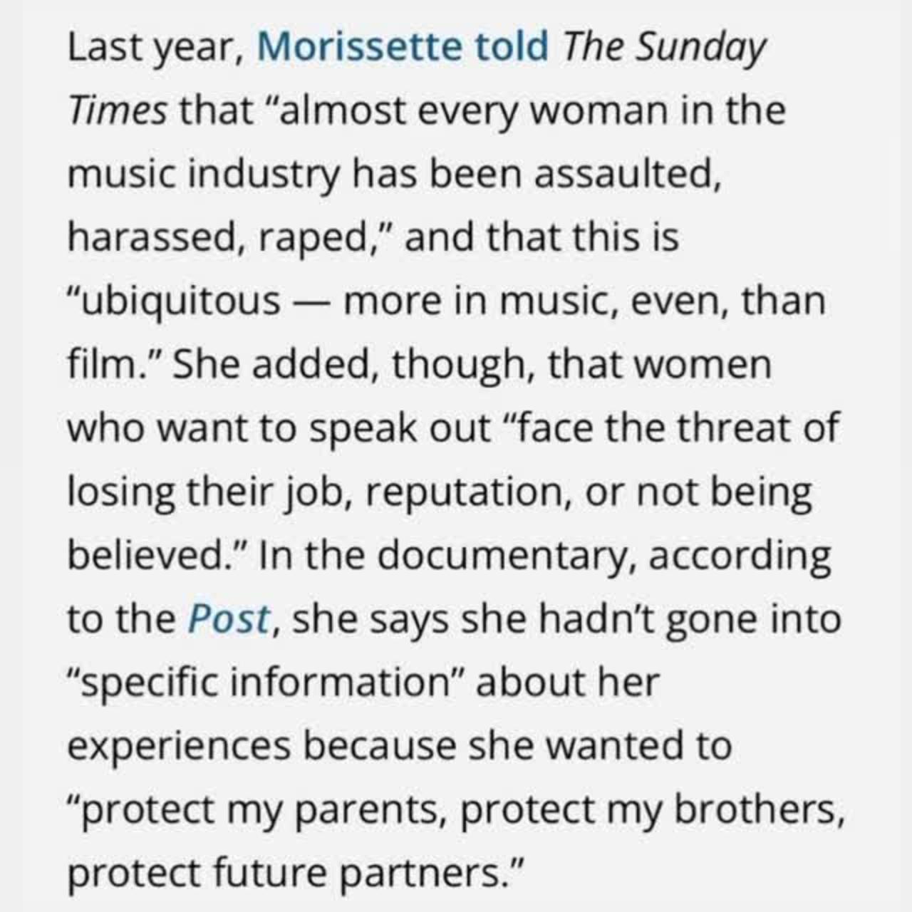 Alanis Morissette says the music industry being run by elite pedophiles.