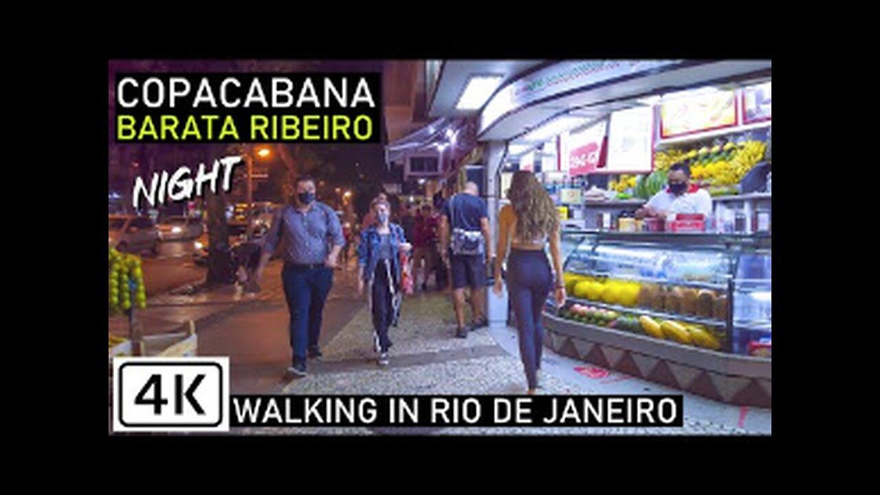 Walking in Copacabana- Barata Ribeiro at Night - Rio de Janeiro, Brazil -【4K】Binaural - 2020.