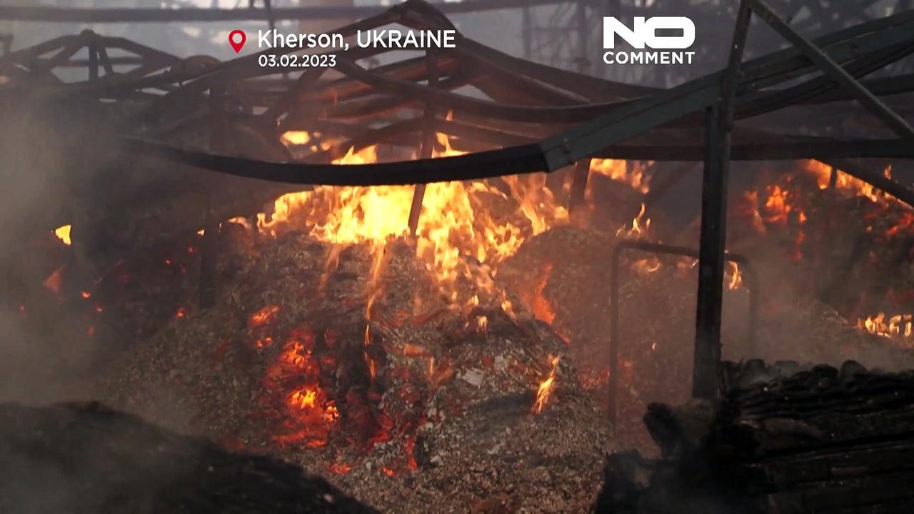 Watch: Ukrainian firefighters put out blaze on site of industrial supermarket