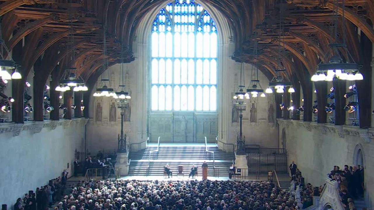 Zelenskyy addresses UK Parliament at Westminster Hall.