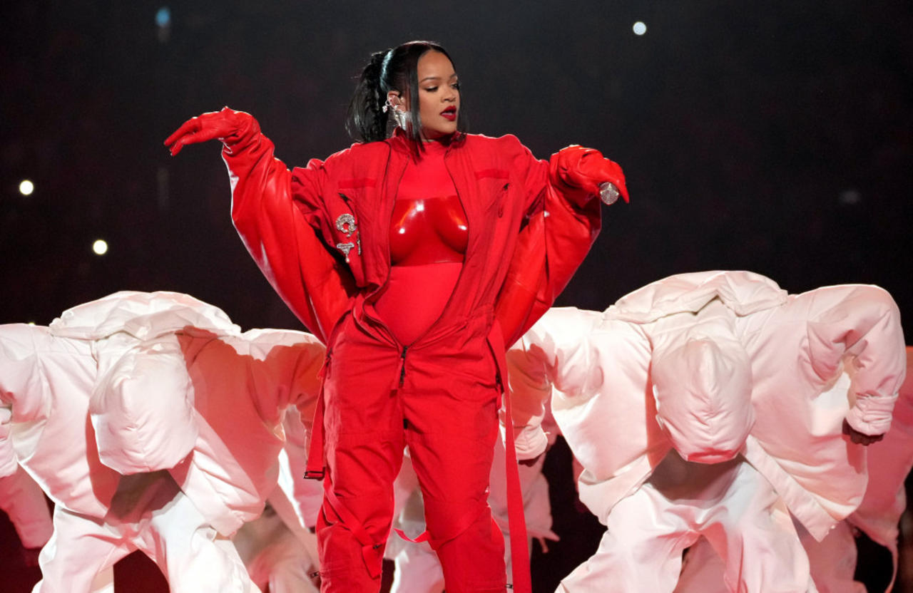 Rihanna's Super Bowl look included 'soft matte skin and a bold red lip'
