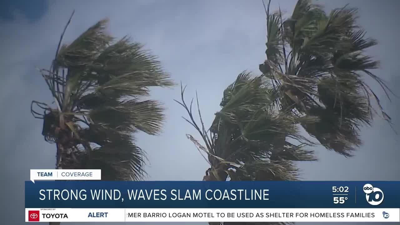Strong wind, waves slam San Diego's coastline