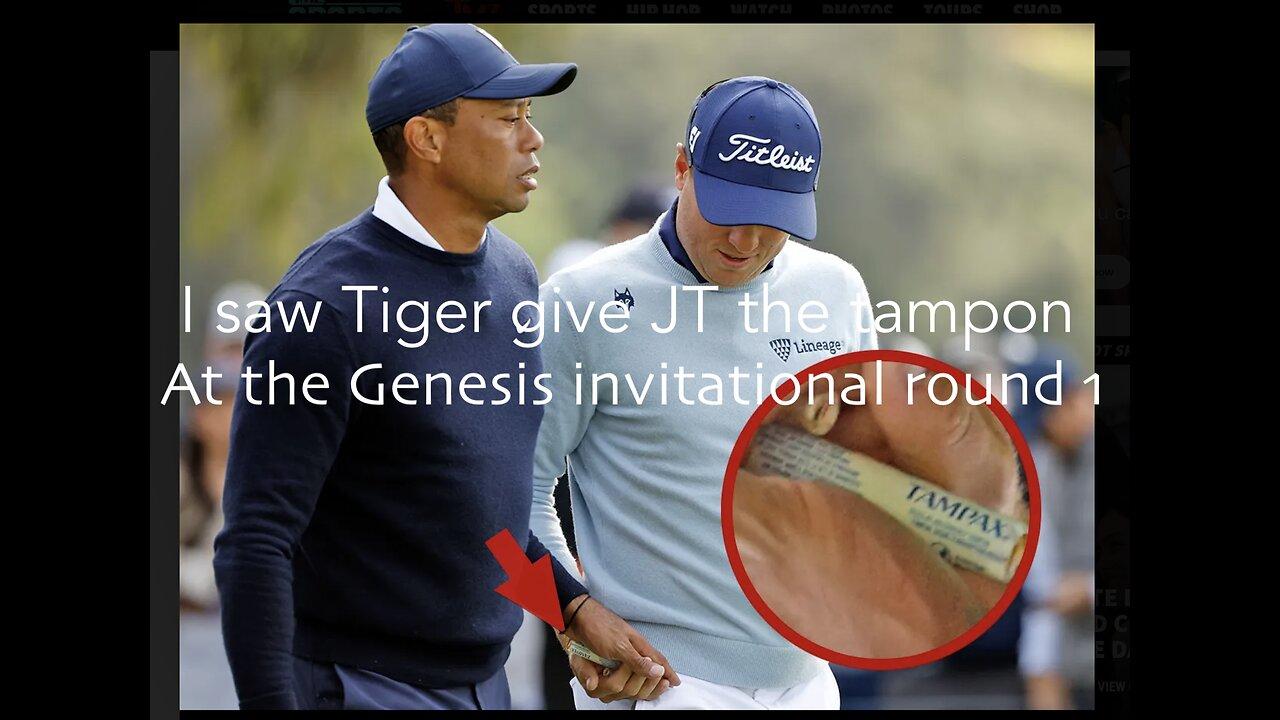 Tiger gives Justin Thomas tampon on the 9th tee box at riviera 2023