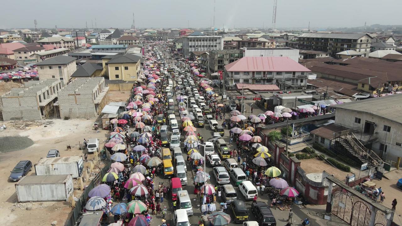 AERIAL SHOT OF OWERRI BUSY ROAD IN NIGERIA