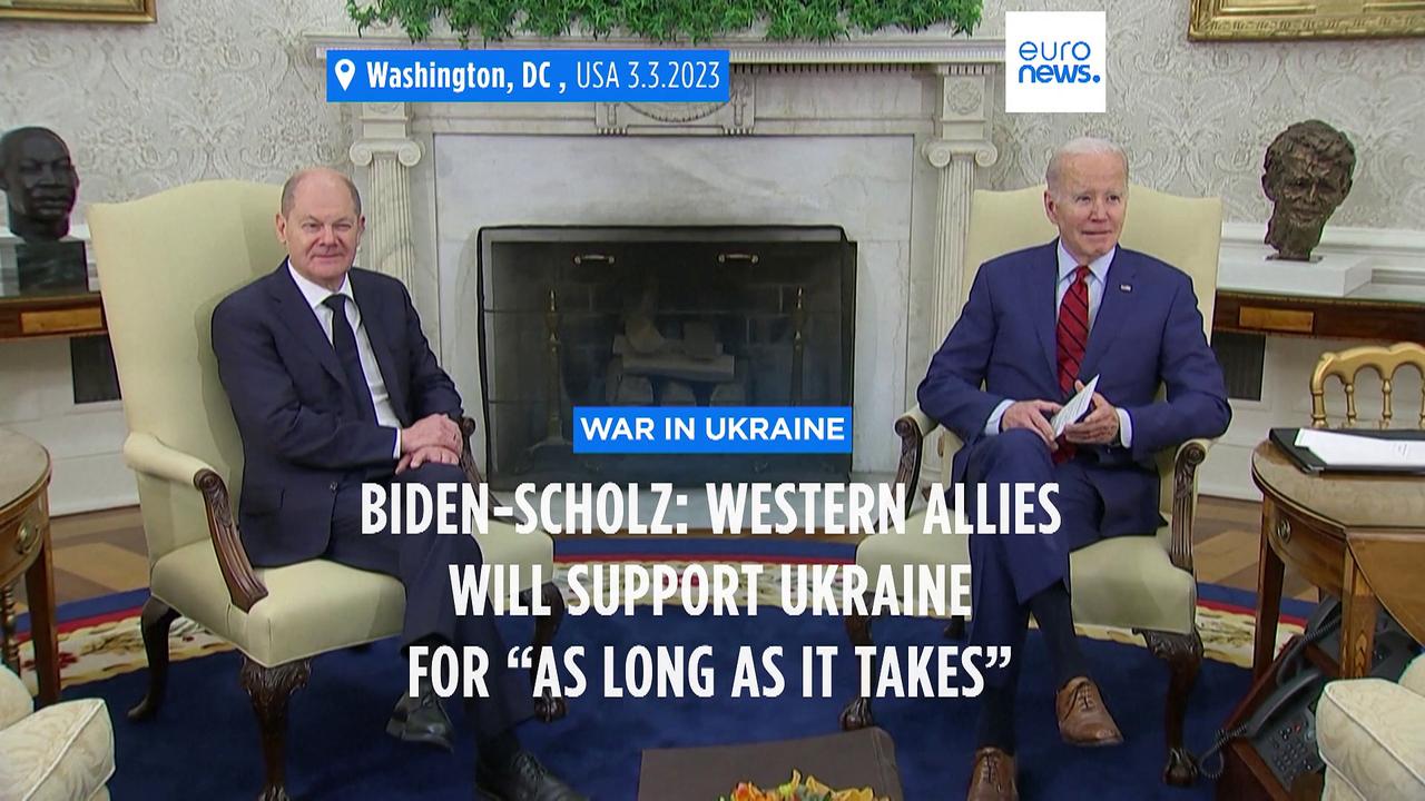 Scholz and Biden pledge to keep pressure on Russia, as US promises €376m in support to Ukraine