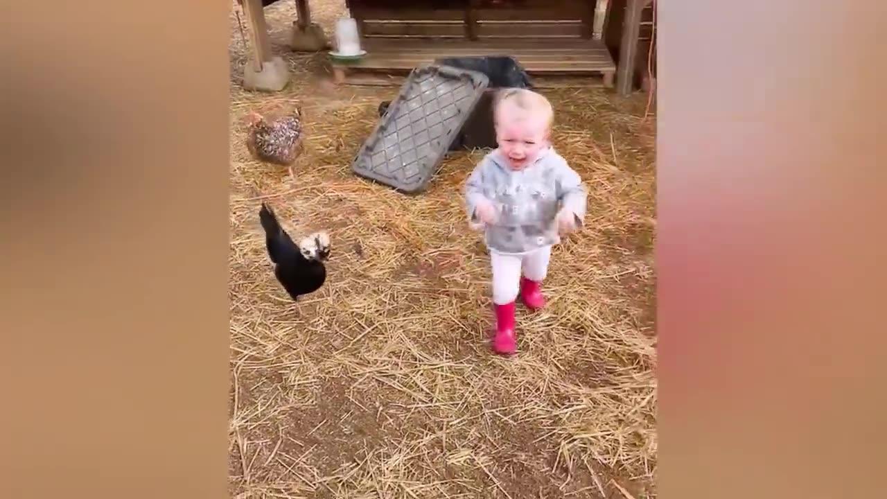 Funny babies play with animals