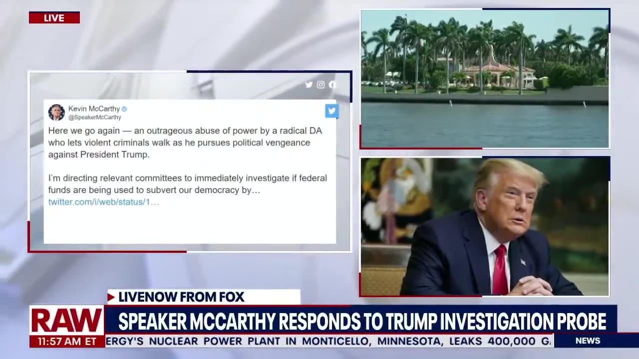 Trump arrest Tuesday: Speaker McCarthy calls investigation "outrageous abuse of power"