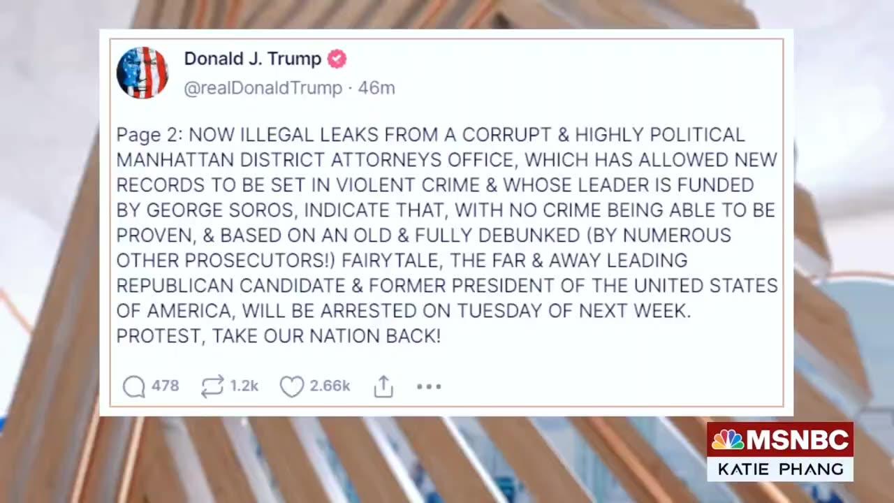 In Truth social post, Trump says he will be arreste