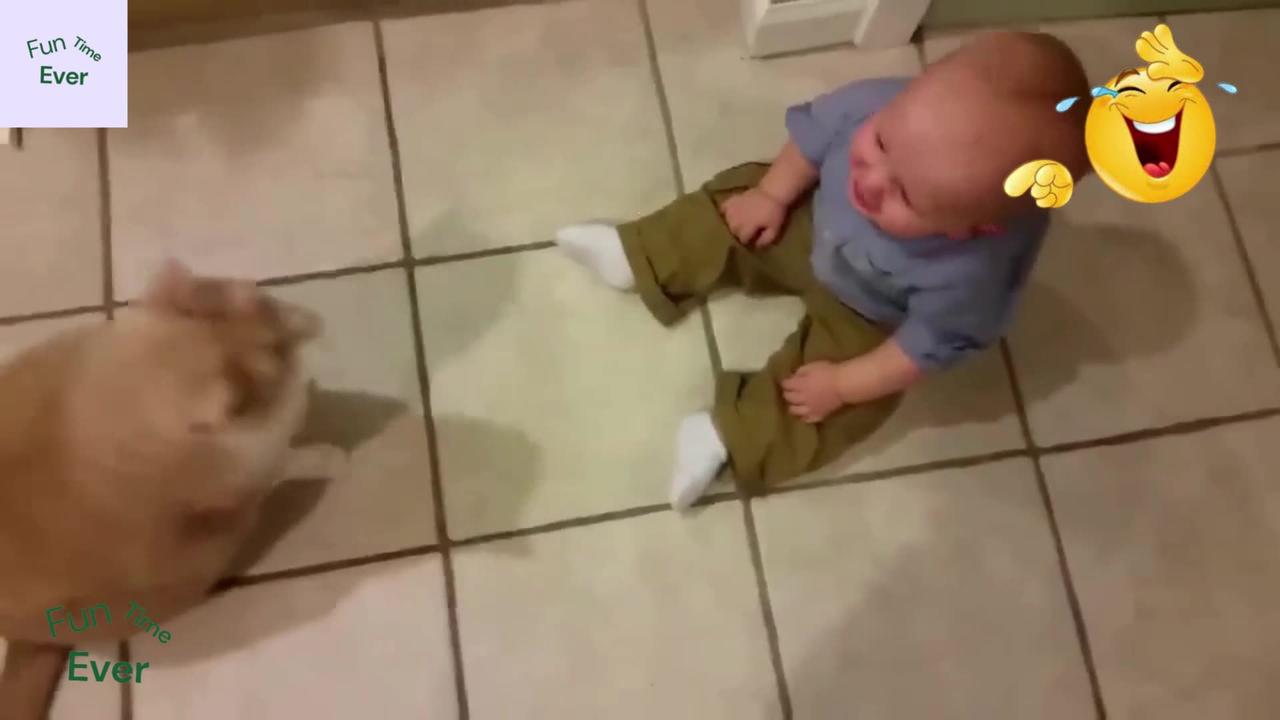 Cute Funny Babies Laughing and Fun with Cats