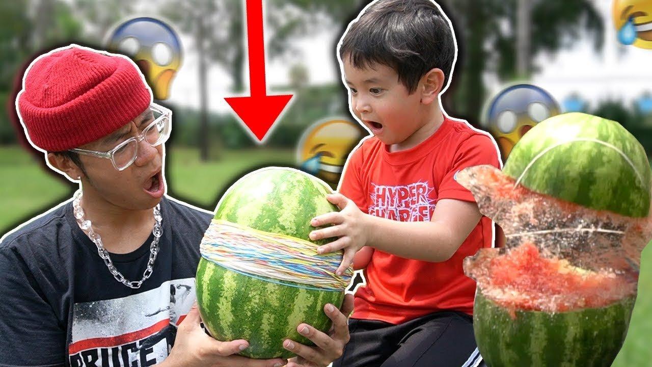 WATERMELON vs 500 RUBBER BANDS!! funny challenge with little brother