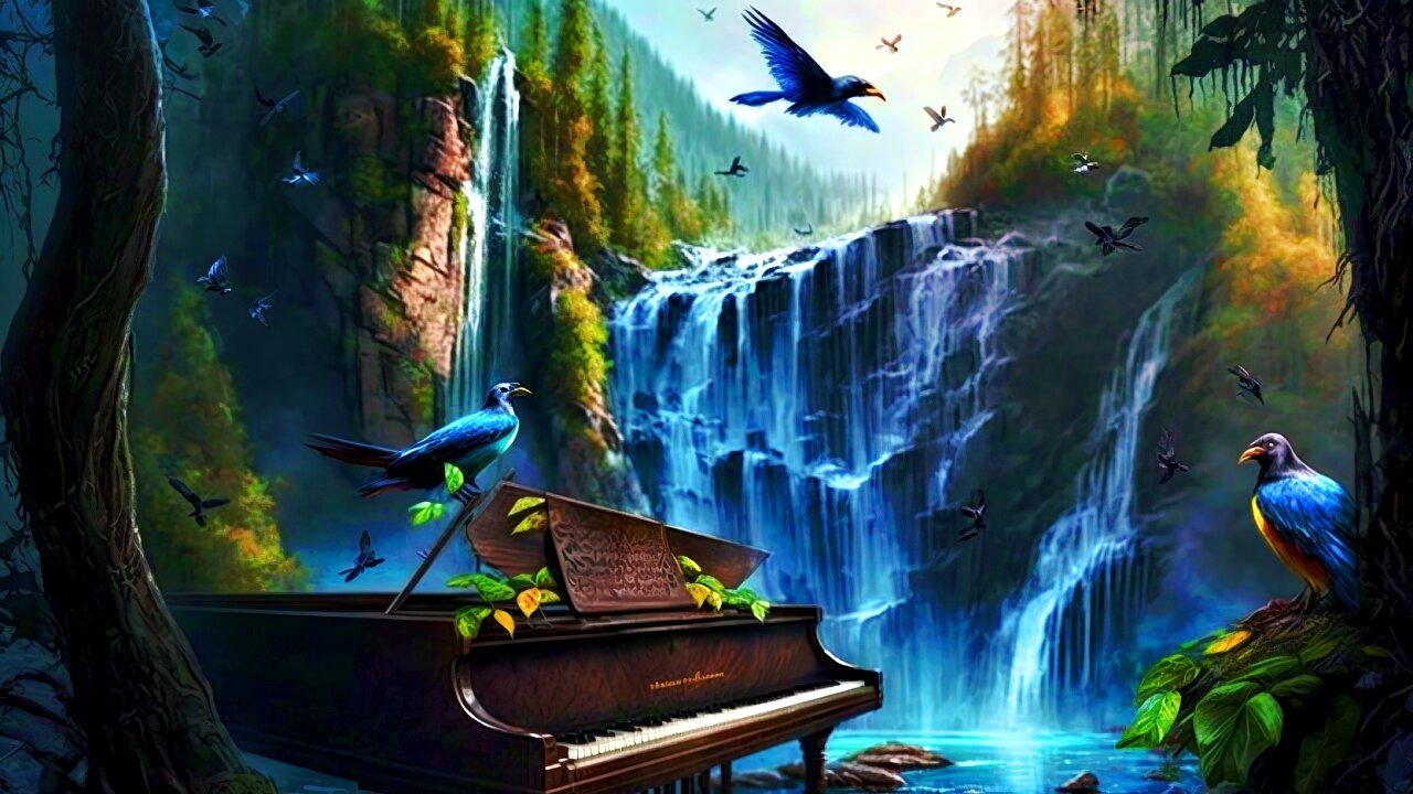 Piano Music With Birds Singing And A Waterfall - Sleep Sounds - BLACK SCREEN - Restful Sleep