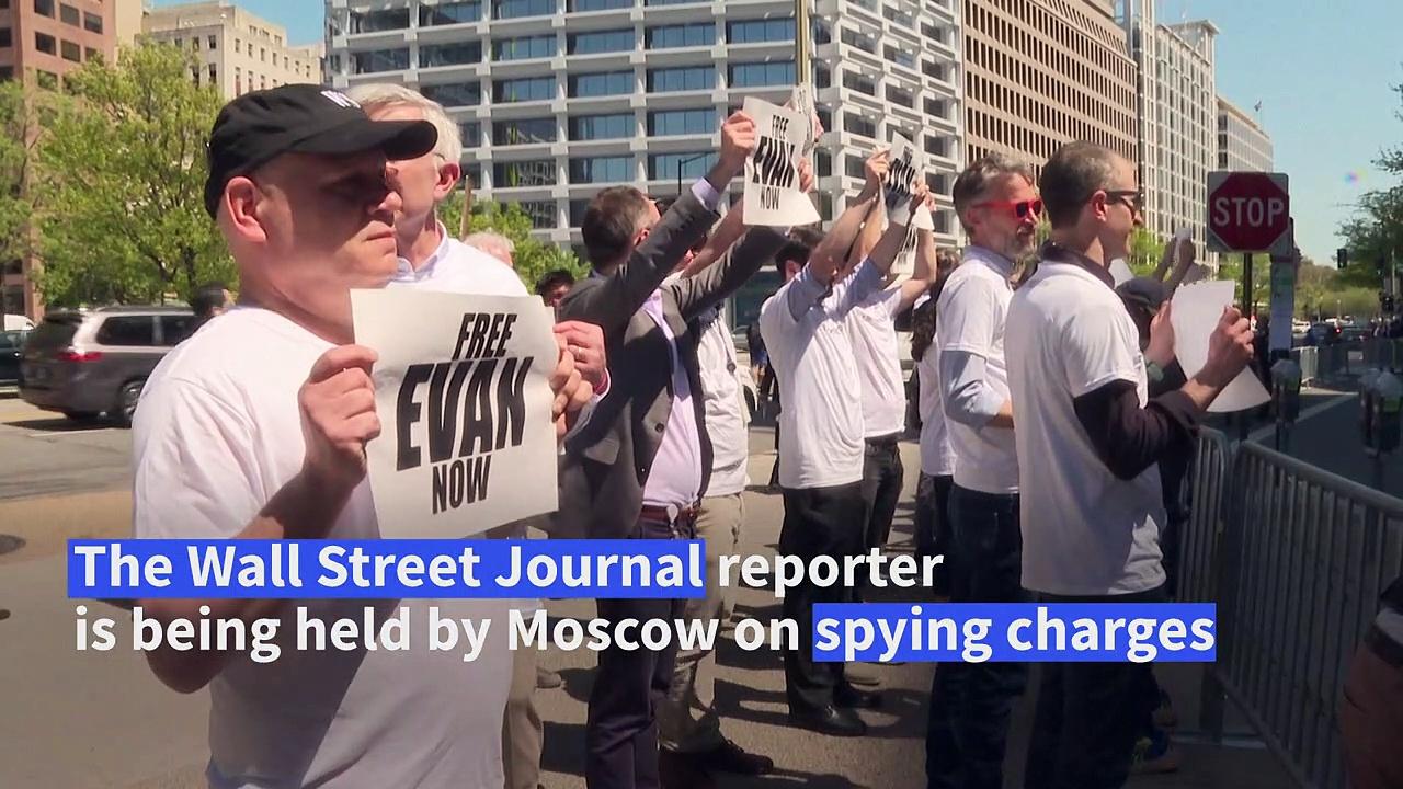 Journalists and union members rally in Washington to demand Russia release US reporter