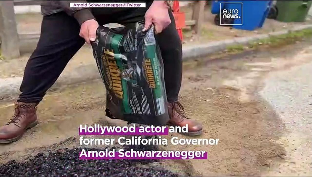 The mission is completed! Hollywood actor Arnold Schwarzenegger fills pothole in LA
