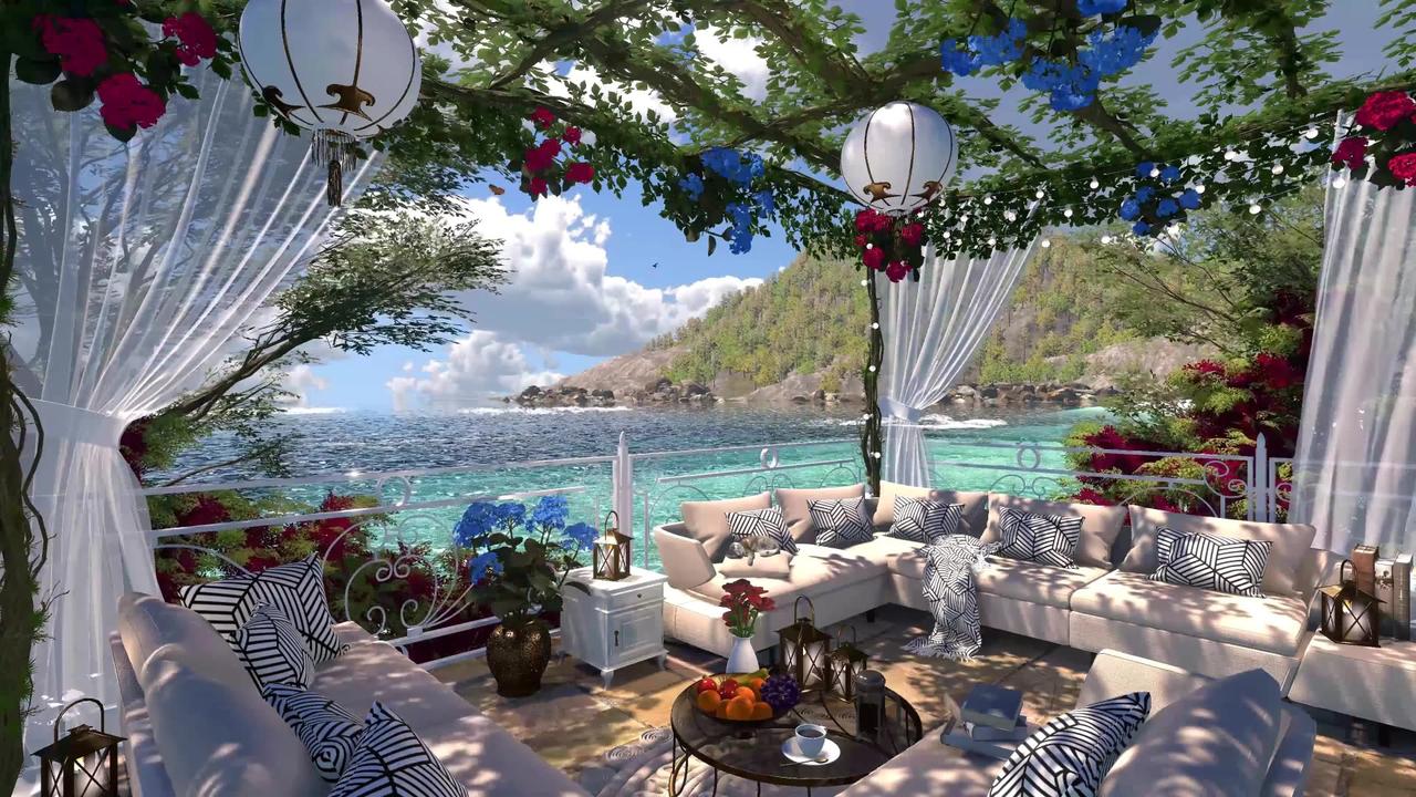 Sea View Terrace | Daytime Ambience | Ocean Beach Waves, Seagulls & Tropical Nature Sounds