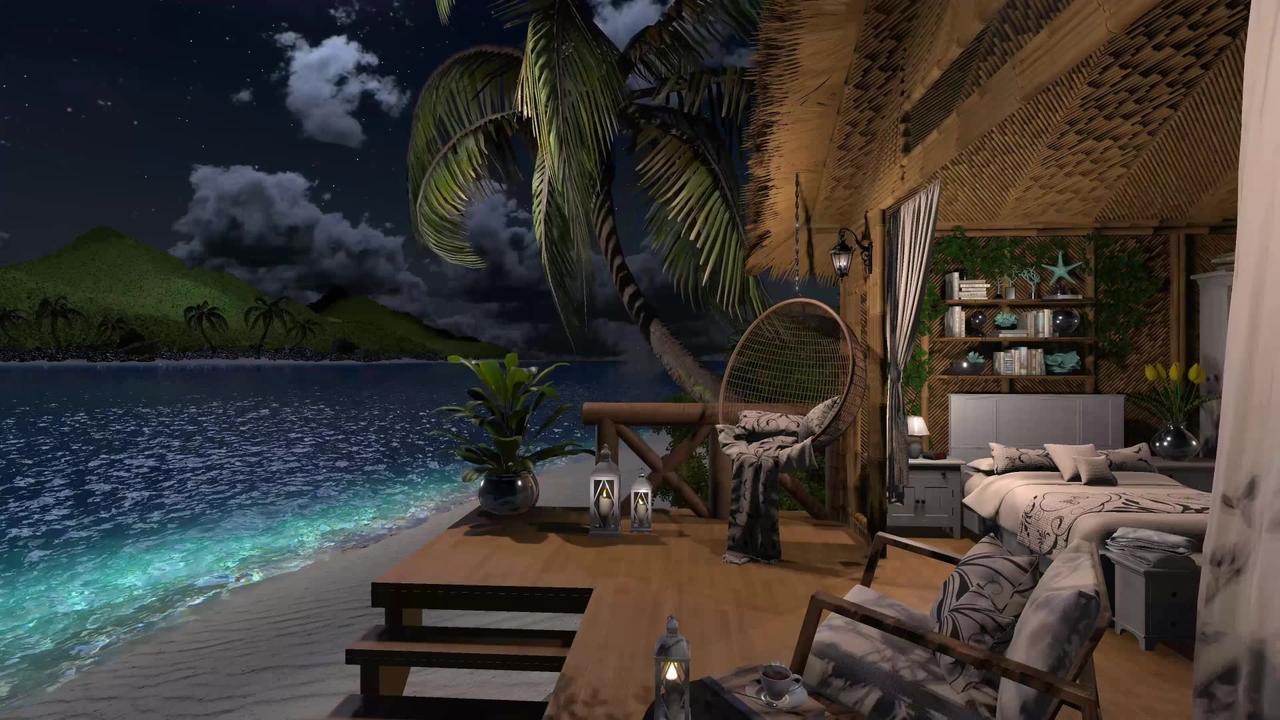 Tropical Beach Hut | Night Ambience | Ocean Waves & Nature Sounds