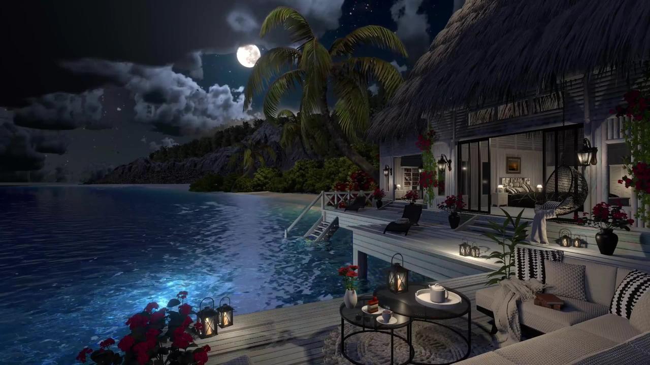 Maldives Beach House | Night Ambience | Ocean Waves & Tropical Nature Sounds