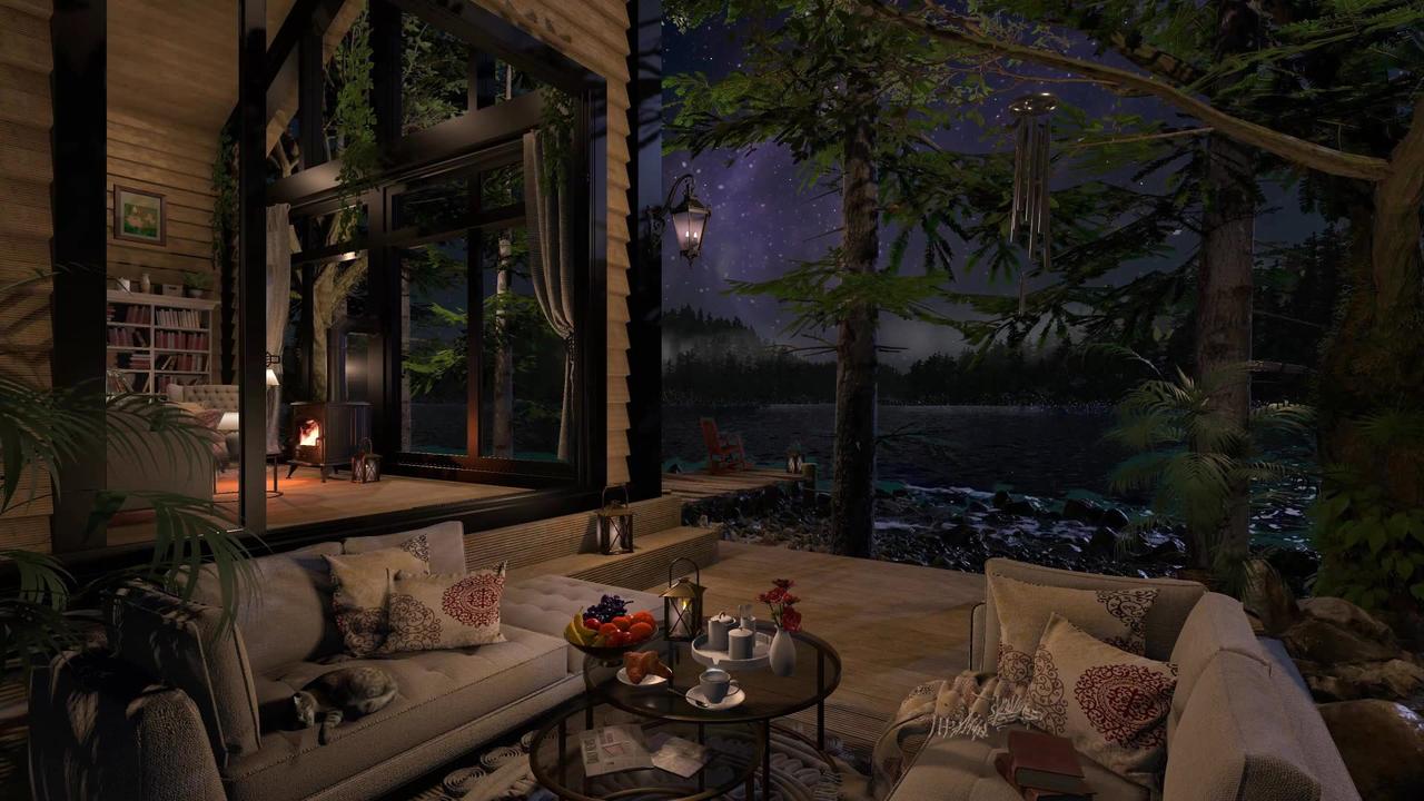 Pine Forest Lodge Porch | Night Ambience | Wind Chimes, Lake & Nature Sounds