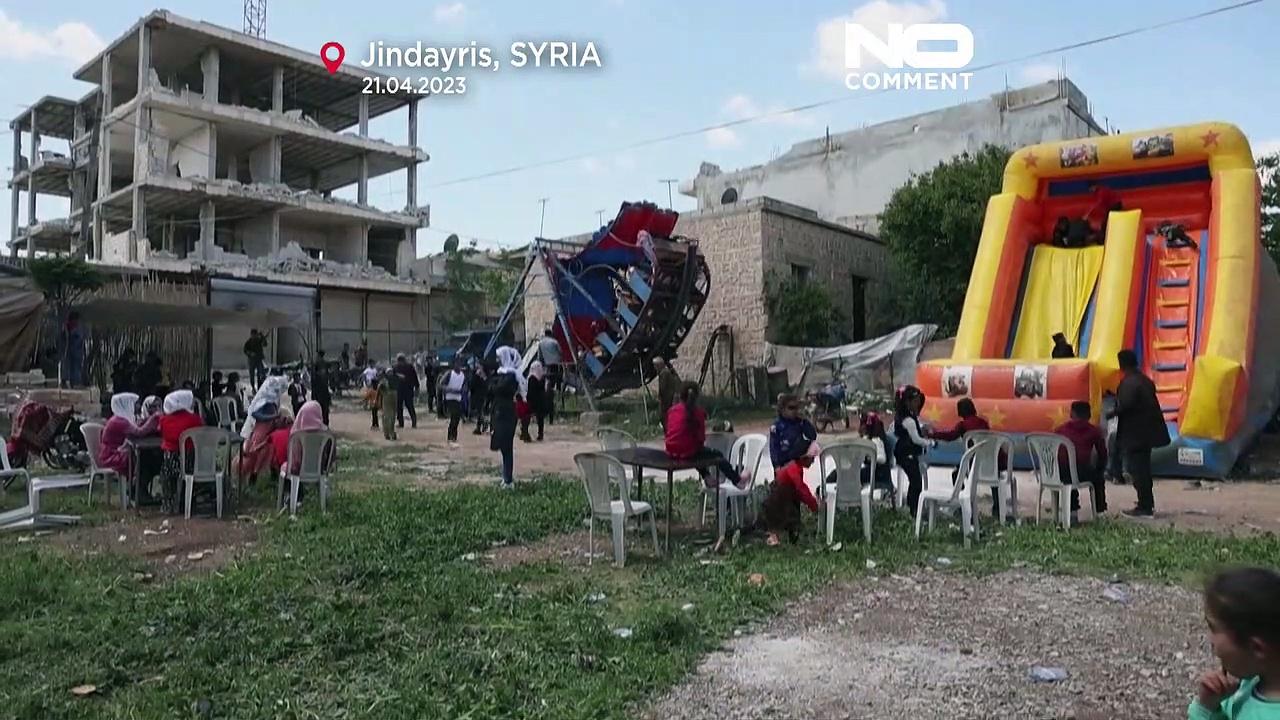 WATCH: Syrian children celebrate Eid in makeshift park amid earthquake rubble
