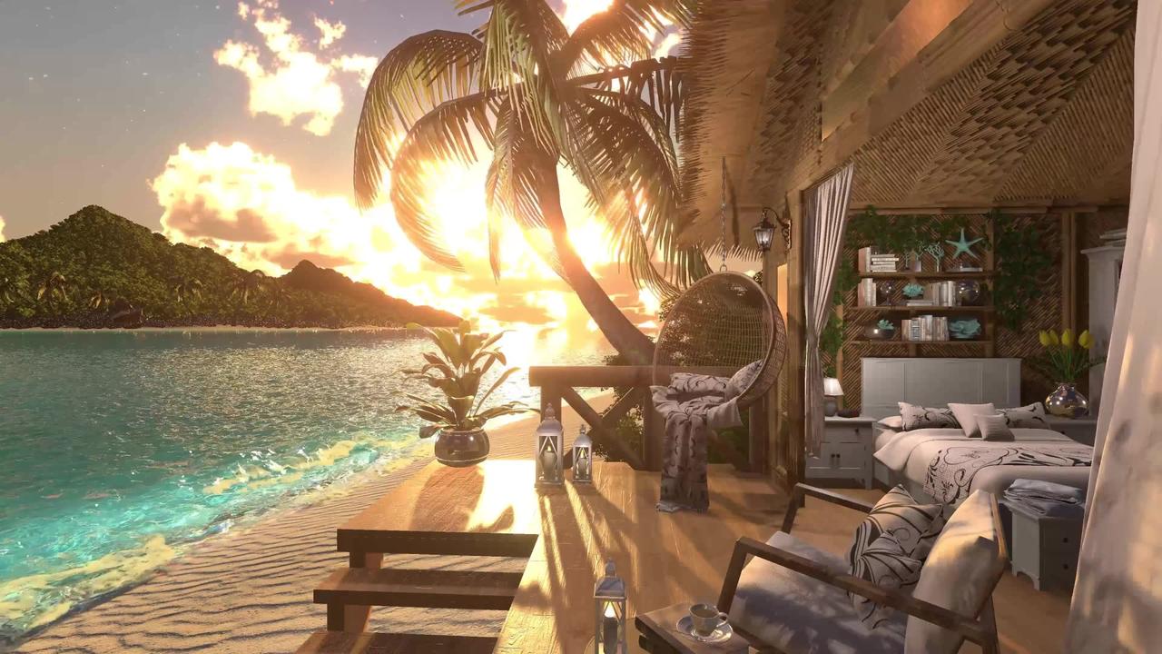 Tropical Beach Hut | Sunset Ambience | Ocean Waves & Nature Sounds