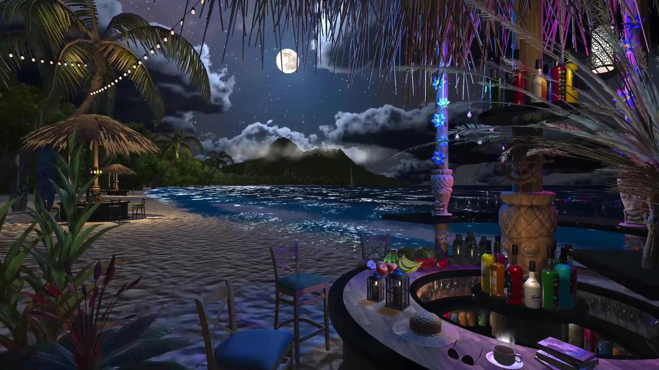 Beach Bar Cafe | Night Ambience | Ocean Waves & Tropical Nature Sounds
