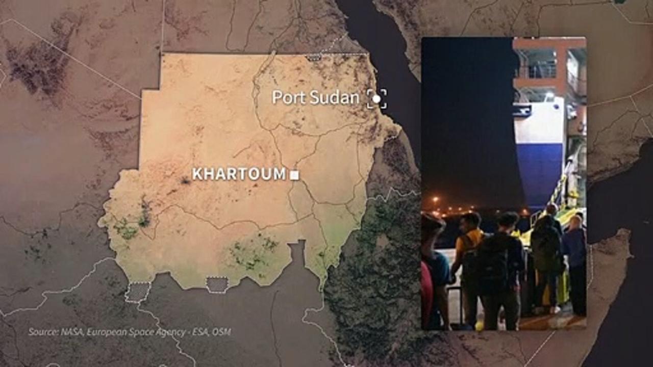 Animated map of Sudan and a video showing people evacuated from Port Sudan