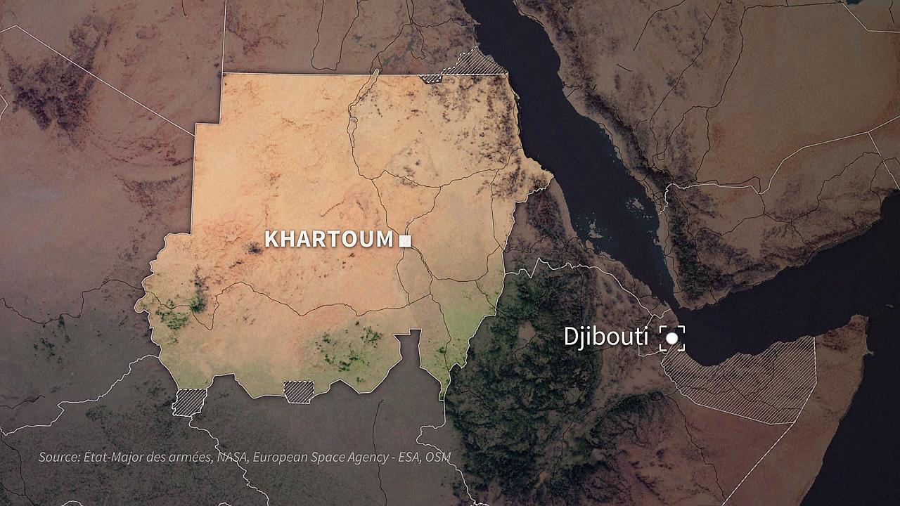 Animated map of Sudan with a video showing arrival of evacuees in Djibouti