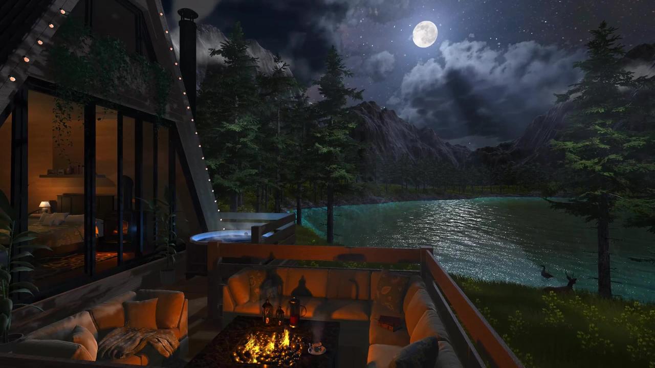 Lakeside Cabin | Night Ambience | Firepit, Water & Forest Nature Sounds