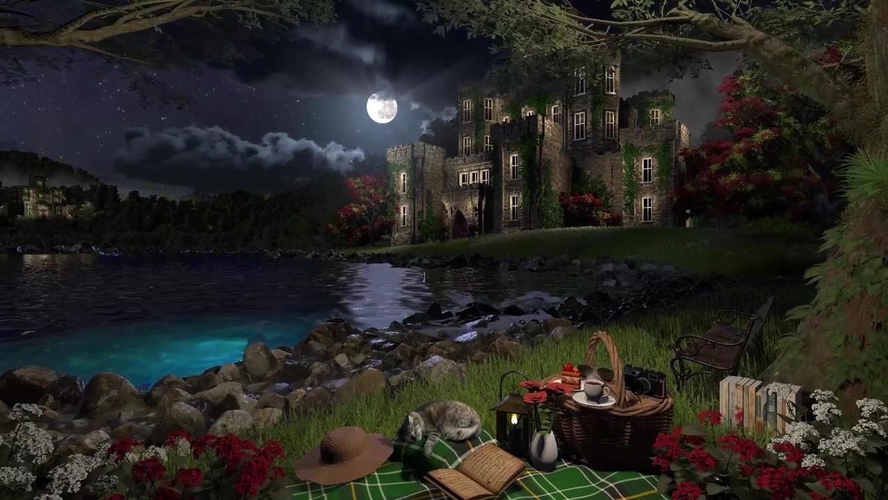 Countryside Castle | Night Ambience | Lakeshore & Forest Nature Sounds