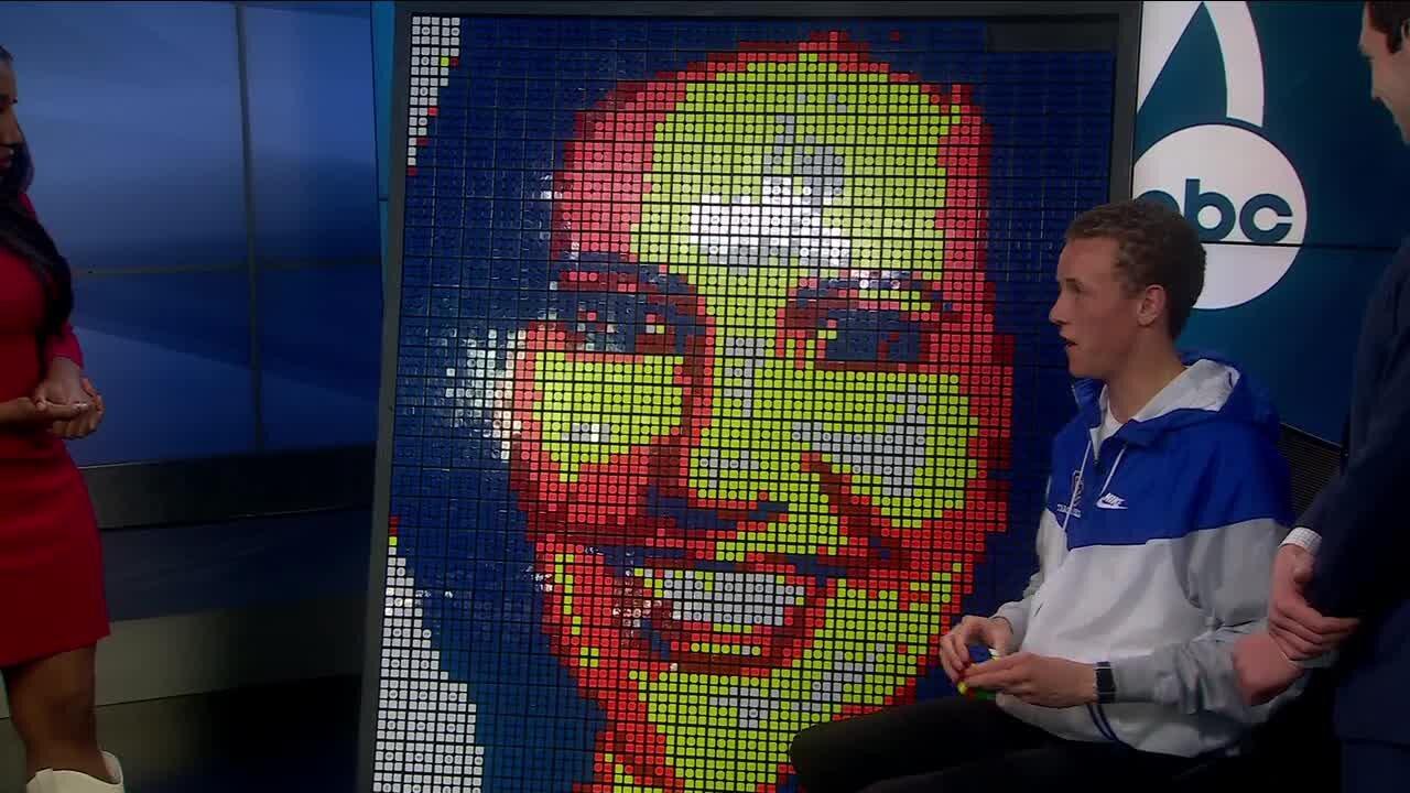 Cherry Creek High School junior makes mosaic portrait of Nicole Brady entirely out of Rubik's Cubes_2