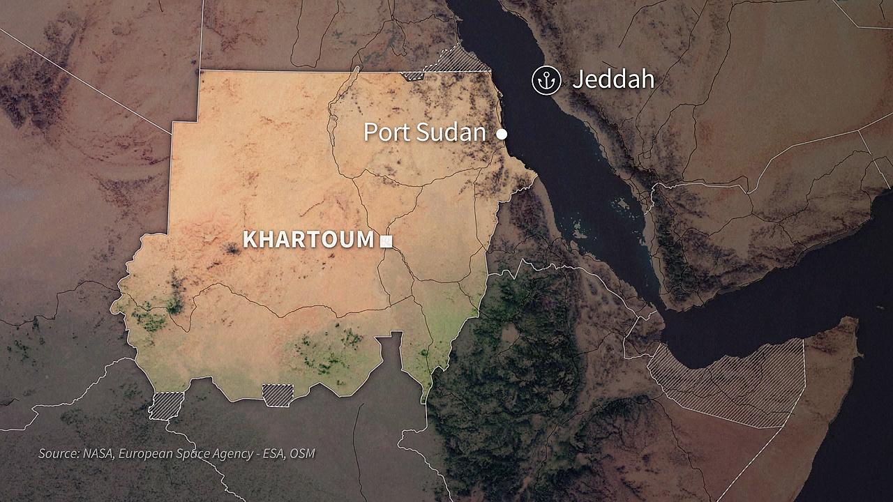 Animated map of Sudan with a video showing arrival of evacuees in Jeddah