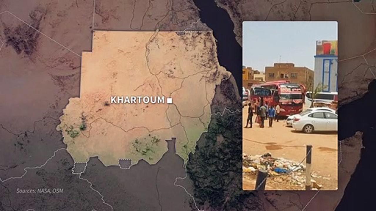 Animated map of Sudan with a video showing people flee Khartoum