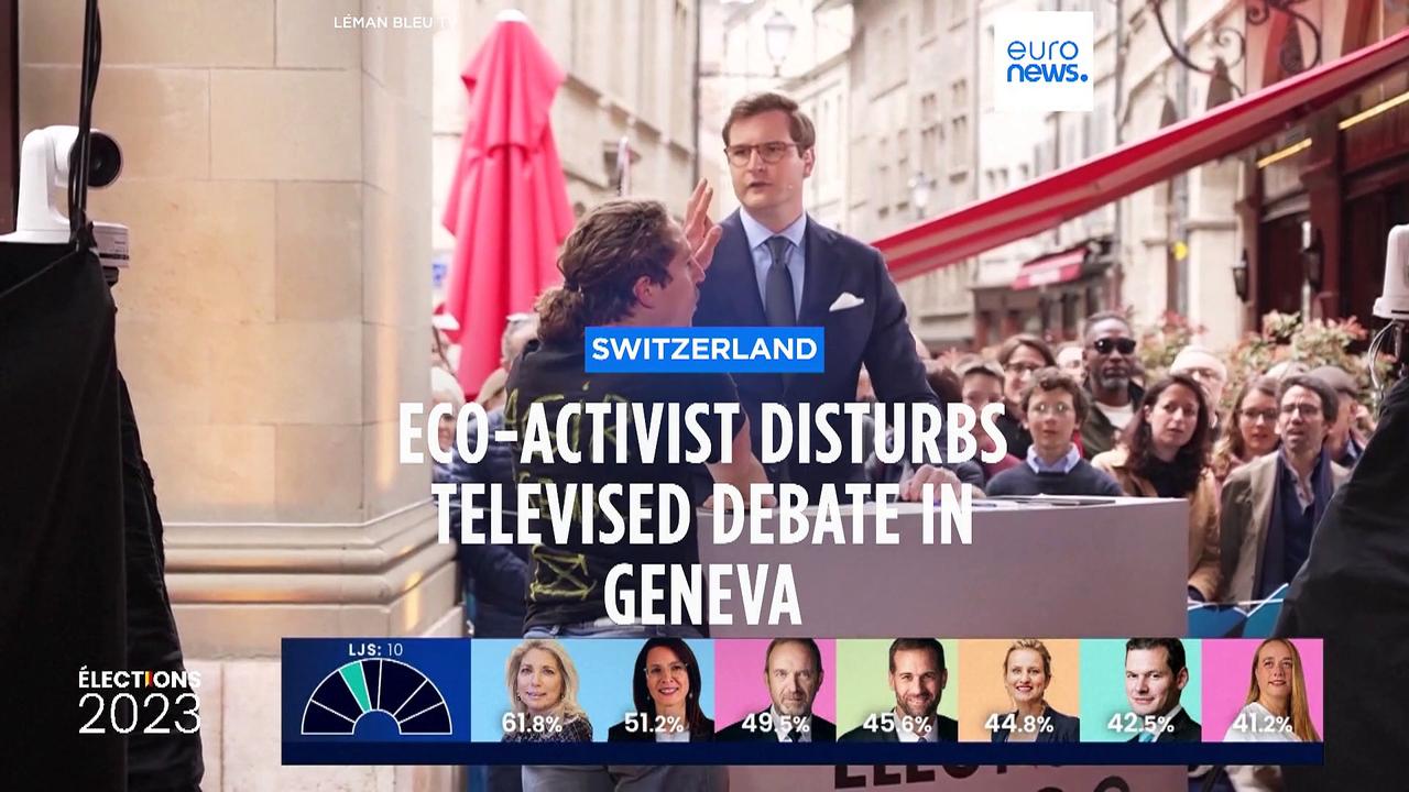Climate activist interrupts live political debate in Geneva