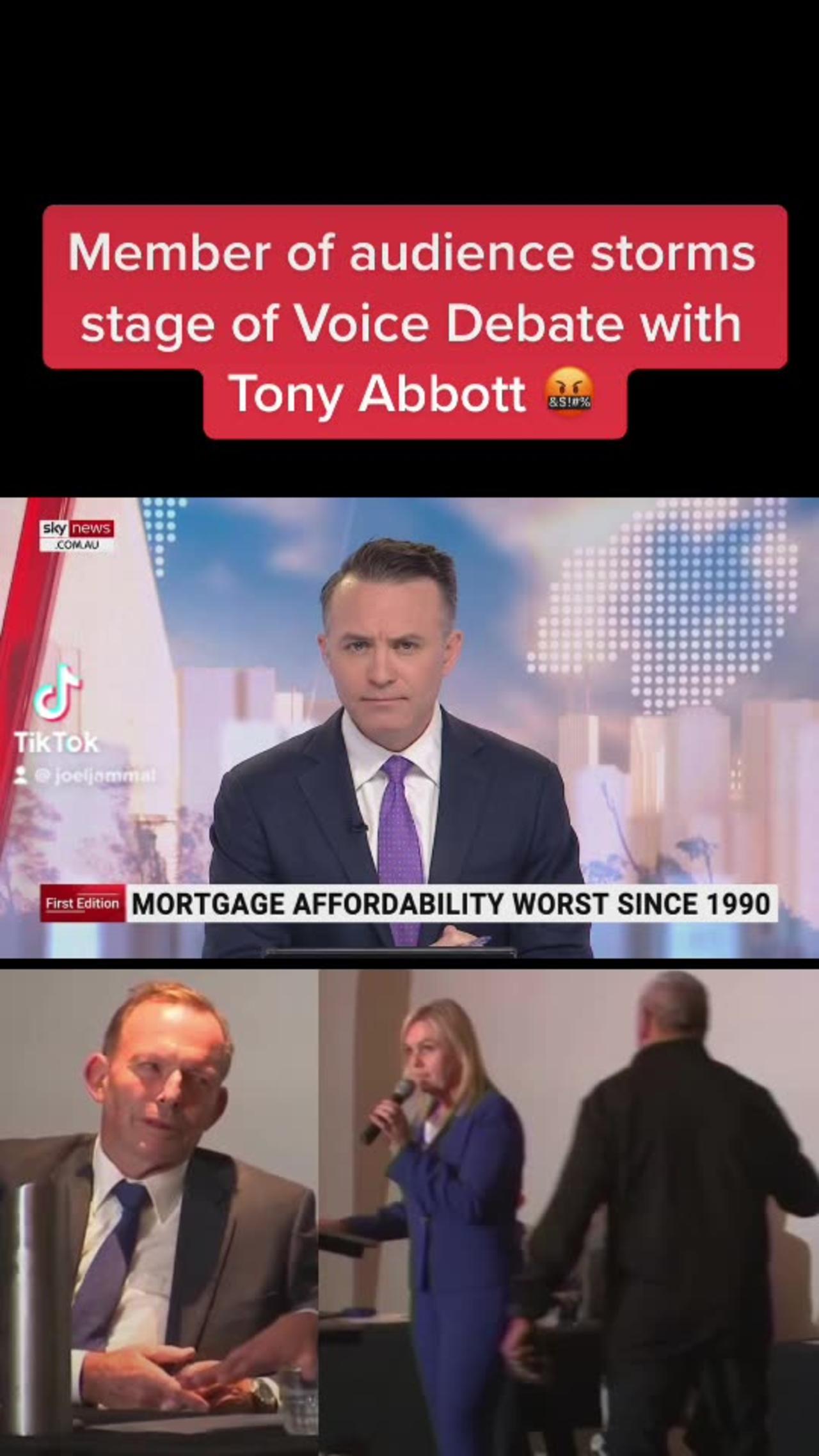 Member of audience storms stage of Voice Debate with Tony Abbott 🤬 #TheVoice #TonyAbbott