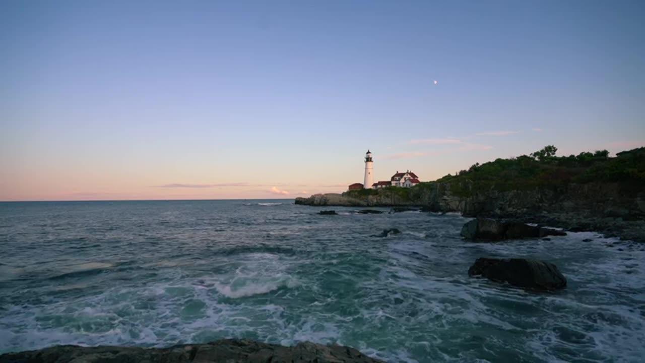 Ocean Waves and Seascape at Portland Head Lighthouse at Sunset (Sounds for Sleep) 4k ASMR