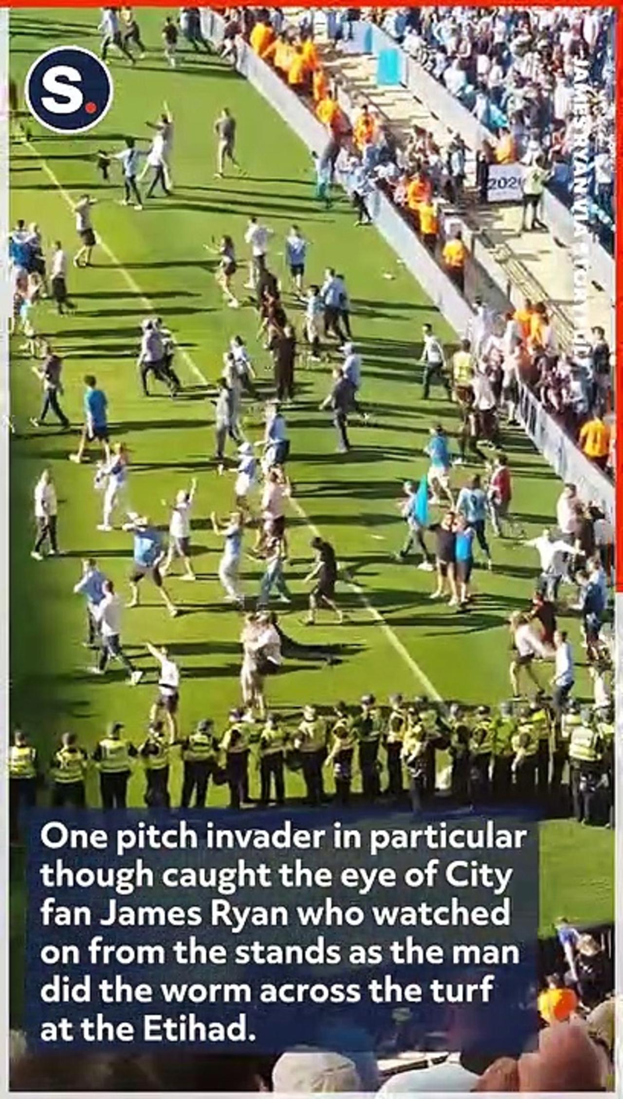Manchester City Fan Celebrates Title Victory With 'Worm' During Pitch Invasion