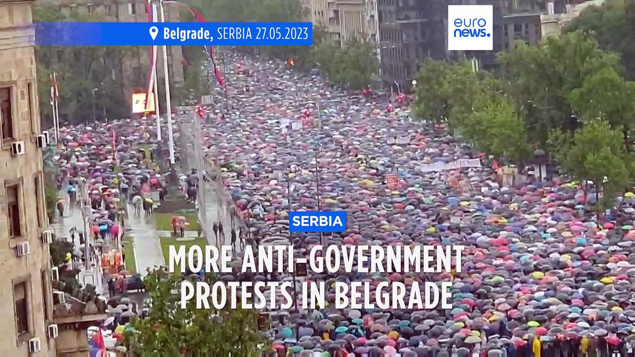 Protesters surround Serbia's state TV station, accusing it of pro-government bias