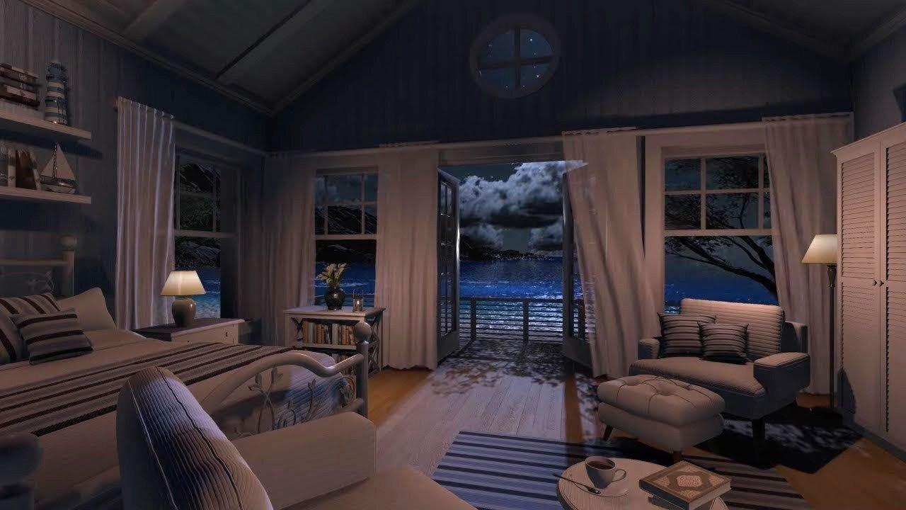 Sea Cottage Bedroom | Night Ambience | Ocean, Beach Waves & Nature Sounds