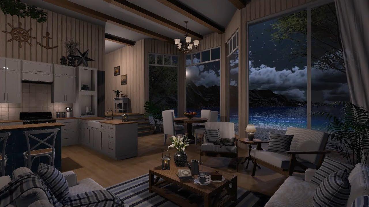 Seaside Cottage | Night Ambience | Ocean, Beach Waves & Nature Sounds