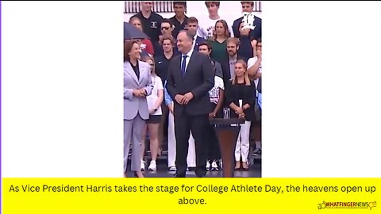 As Vice President Harris takes the stage for College Athlete Day, the heavens open up above.
